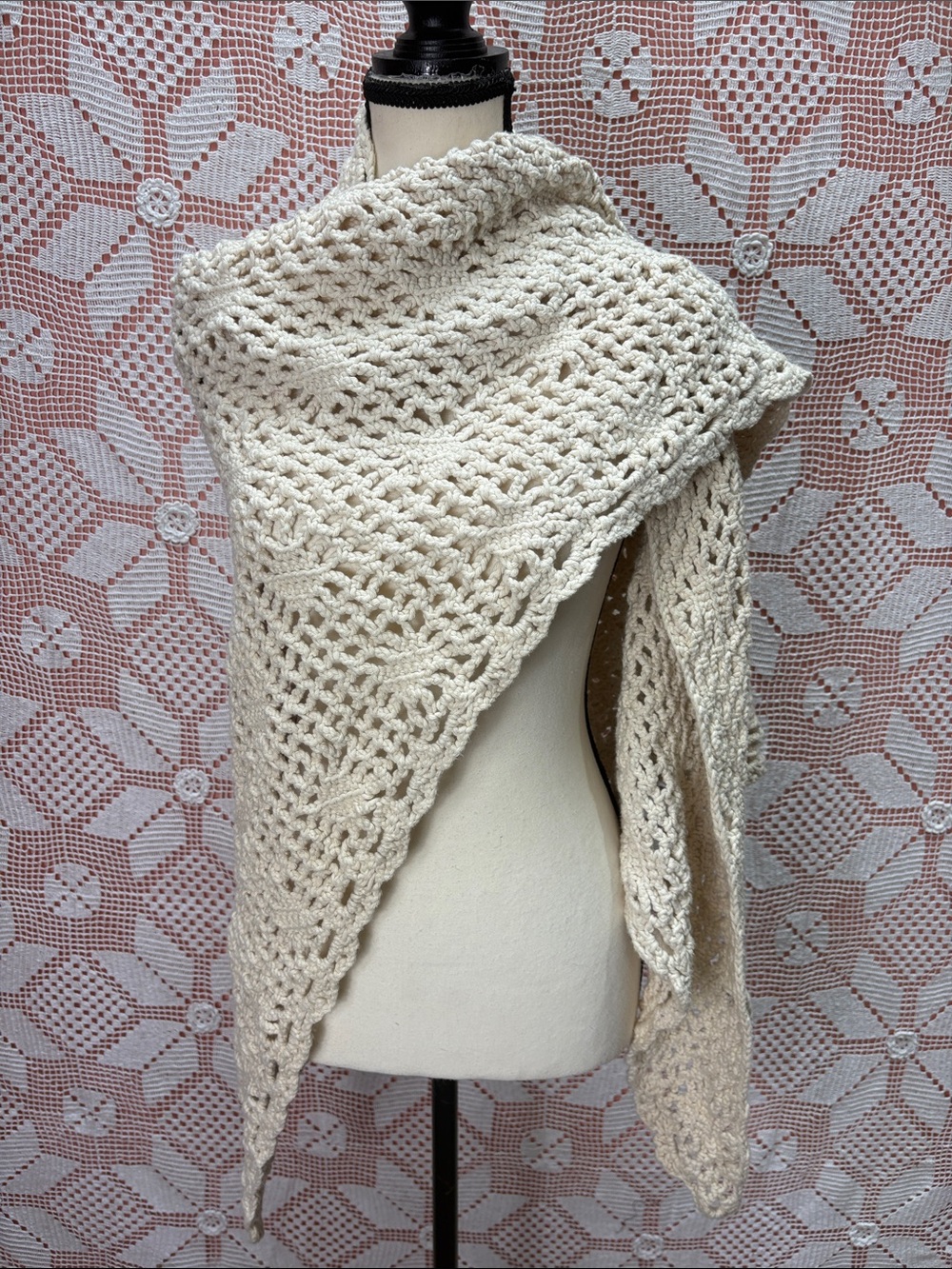 Handmade Cream Crochet Triangle Shawl / Wrap